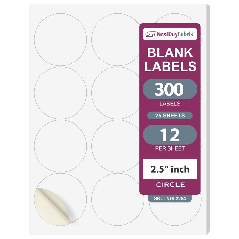 NextDayLabels 2.5 Inch Round Circle Stickers White Blank Labels for Laser Inkjet Printer - 12 Per Sheet Self-Adhesive Product Packaging Logo Made in USA - 300 Labels - Image 1